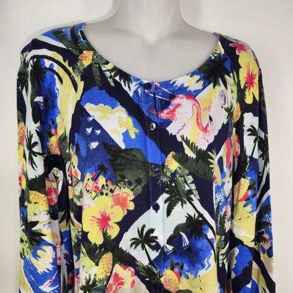 Talbots Womens Cardigan Sweater 0X Tropical Palm Flamingo Button Stretch Knit - Picture 3 of 9